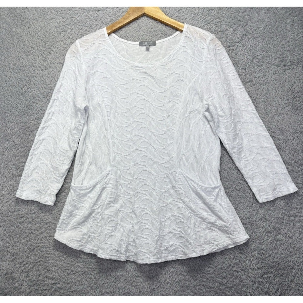 Habitat Womens S White Textured Tunic Top 3/4 Sleeve Pockets Artsy Lagenlook